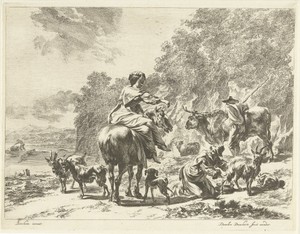 Landschap met vrouw te paard en herderin die een geit melkt