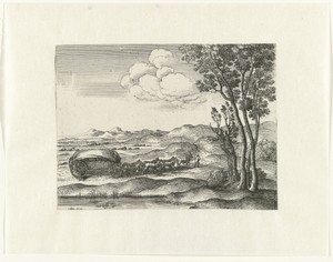 Landschap met wagen voortgetrokken door paarden