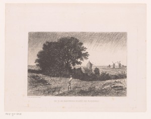 Landschap met wandelaar in de regen