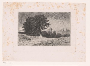 Landschap met wandelaar in de regen
