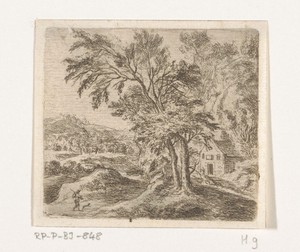 Landschap met wandelaar op weg naar een huis