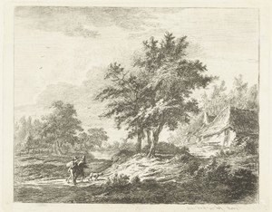 Landschap met wandelaars bij drie boomen