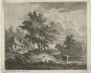 Landschap met wandelaars bij drie boomen
