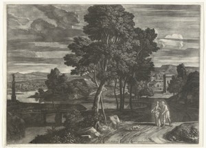 Landschap met wandelend paar
