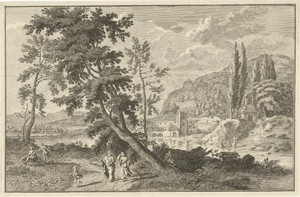 Landschap met wandelende figuren langs een rivier