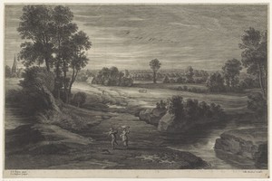 Landschap met waterloop en figuren