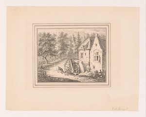 Landschap met watermolen en een grazende geit aan een touw