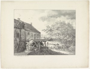 Landschap met watermolen en koeien