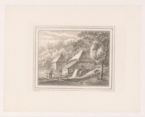 Landschap met watermolen en schuur