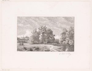 Landschap met waterplas en een dorp op de achtergrond