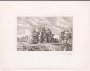 Landschap met waterplas en een dorp op de achtergrond