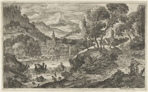Landschap met waterval en dorp