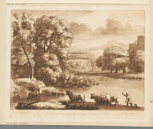 Landschap met waterval en vijf ossen en herder die een rivier oversteken