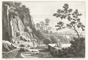 Landschap met waterval en vissers en andere figuren