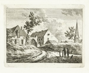 Landschap met weg naar poort van dorp
