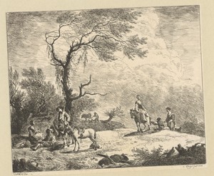 Landschap met werkende en uitrustende boeren