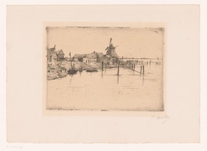 Landschap met windmolen aan het water, mogelijk Marken