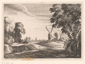 Landschap met windmolens en reizigers