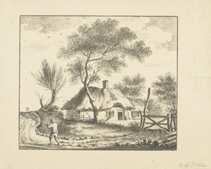 Landschap met zeisdragende man
