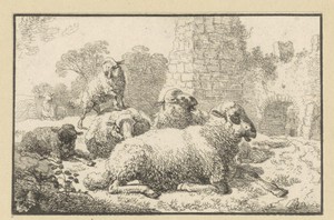 Landschap met zes schapen bij een ruïne