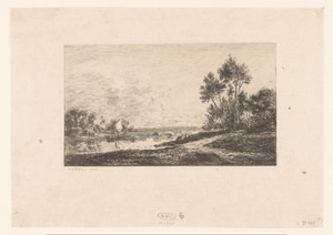 Landschap met zicht op een rivier met boot