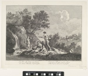 Landschap met zittende vrouw met mand en kind, visser en vrouw met twee manden