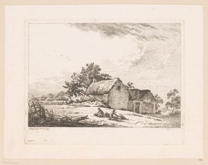 Landschap twee figuren die takken samenbinden voor een huis