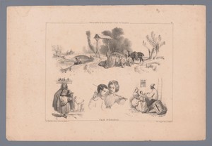 Landschap wagen, paarden en brug, en drie voorstellingen van figuren