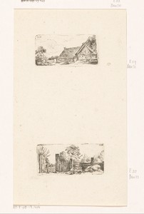Landschapsstudie met hut en landschapsstudie met open hek