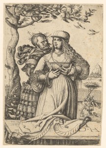 Landsknecht omarmt een vrouw