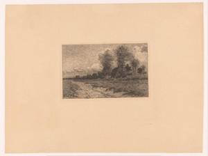 Landweg met een boerderij tussen de bomen