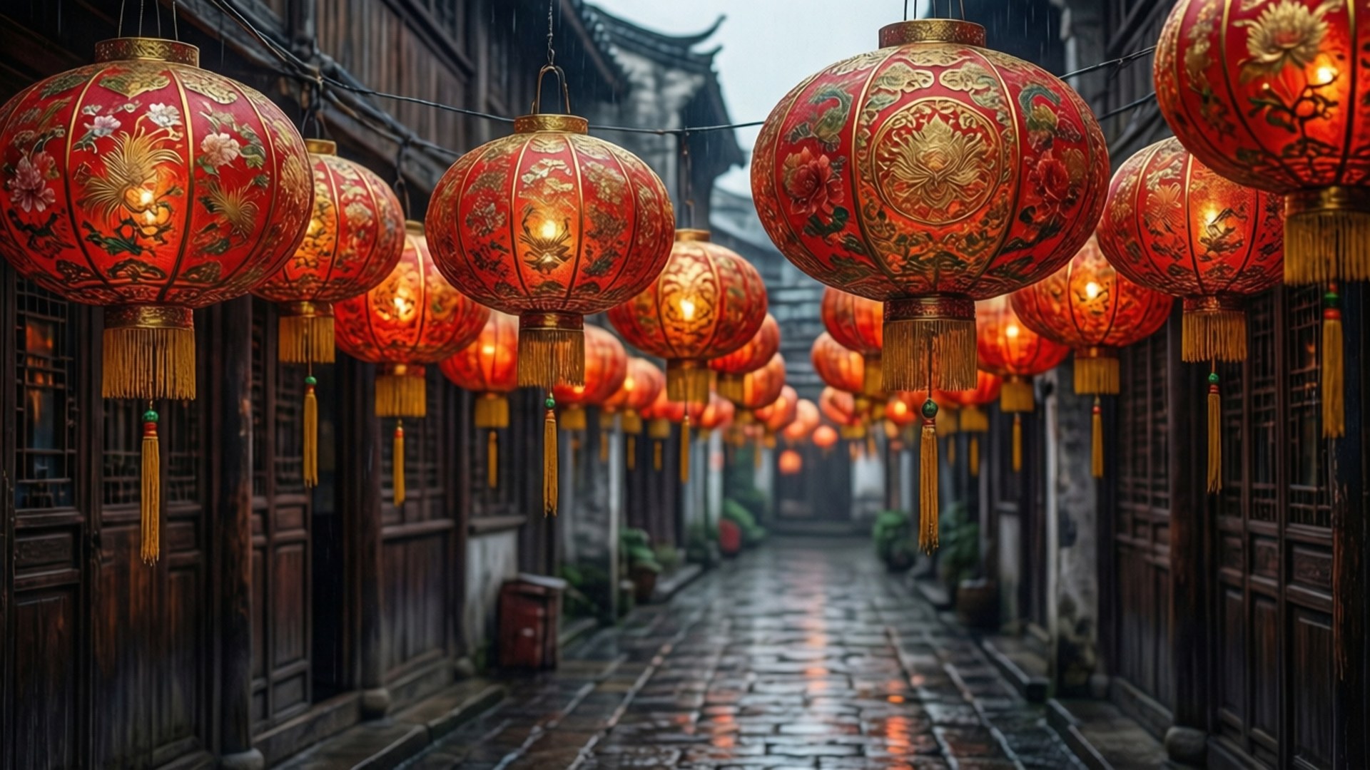 Lantern-Lit Alley by Wallpapers.art Studio