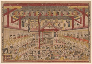 Large Perspective Picture of the Kaomise Performance on the Kabuki Stage (Shibai kyogen butai kaomise o uki-e)