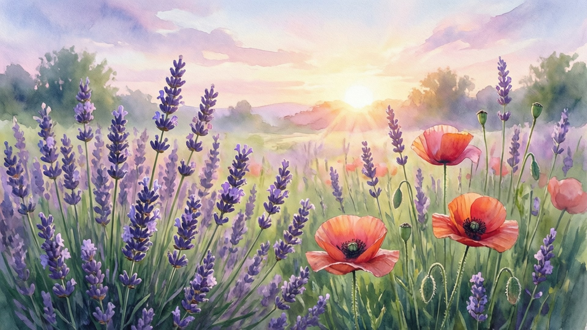 Lavender Meadow Sunrise by Wallpapers.art Studio