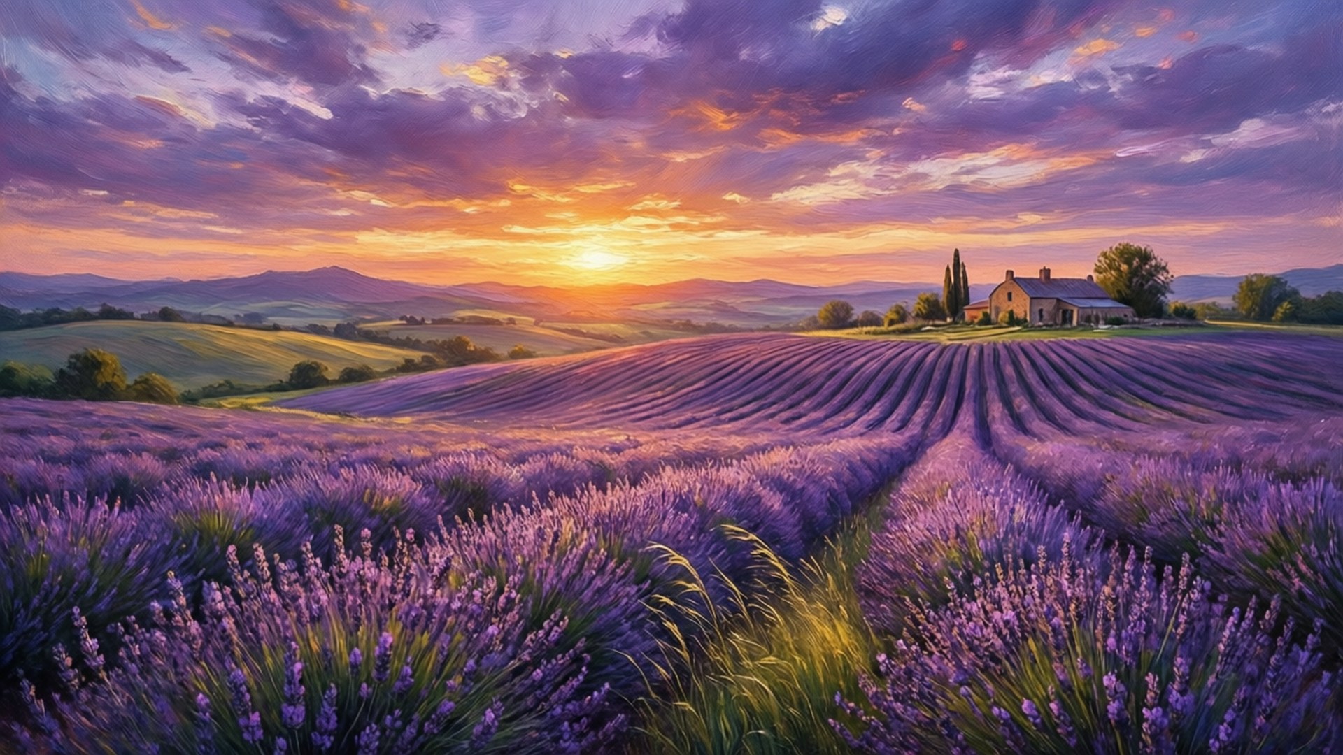 Lavender Sunset Fields by Wallpapers.art Studio