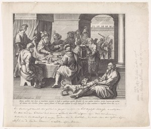 Lazarus bedelt aan de feestdis van de rijke man