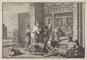 Lazarus bedelt aan de feestdis van de rijke man