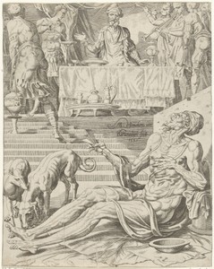 Lazarus bedelt aan de feestdis van de rijke man