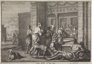 Lazarus bedelt aan de feestdis van de rijke man