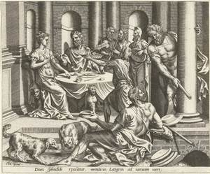 Lazarus bedelt voor het huis van de rijke man