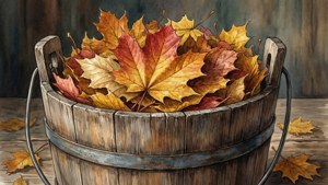 Leaves in Wooden Bucket