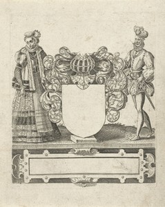 Leeg wapenschild met man en vrouw als schildhouders