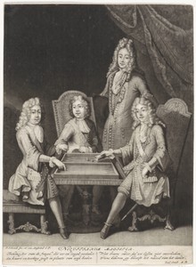 Leermeester en drie jongens bij een triktrakbord
