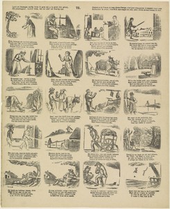Leert uit Duimpjes aardig leven, ('t geen wij u in prent hier geven : ) / Zijt g'ondeugend, hoewel klein, dat uw eind' zal droevig zijn / Enfants si de Poucet, je vous donne l'image, c'est pour vous exciter à toujours rester sage; / Recherchez la vertu, c'est là le vrai moyen de vous faire chérir de tout homme de bien
