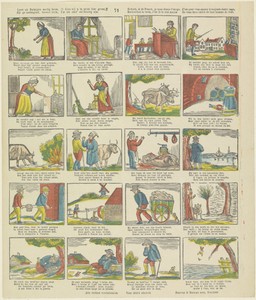 Leert uit Duimpjes aardig leven, ('t geen wij u in prent hier geven : ) / Zijt g'ondeugend, hoewel klein, dat uw eind' zal droevig zijn / Enfants si de Poucet, je vous donne l'image, c'est pour vous exciter à toujours rester sage; / Recherchez la vertu, c'est là le vrai moyen de vous faire chérir de tout homme de bien