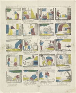 Leert uit Duimpjes aardig leven, ('t geen wij u in prent hier geven : ) / Zijt g' ondeugend, hoewel klein, dat uw eind' zal droevig zijn / Enfants si de Poucet, je vous donne l'image, c'est pour vous exciter à toujours rester sage; / Recherchez la vertu, c'est là le vrai moyen de vous faire chérir de tout homme de bien