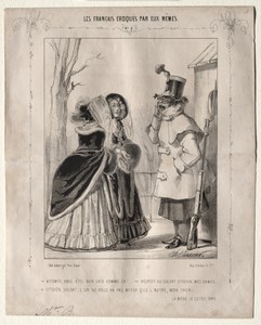 Les Français croquès par eux-mêmes:  Vicomte, vous êtes bien laid comme ca!,,,Respect au soldat citoyen, mes dames...Citoyen, soldat, l'un ne vous va pas mieux que l'autre, mon cher!