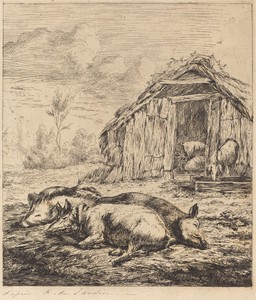 Les trois cochons couchés devant l'étable (Three Swine Lying In Front of a Sty)