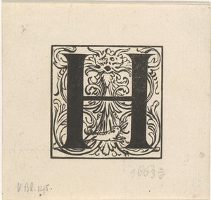 Letter H in een omlijsting met de kop van een monster en een haas