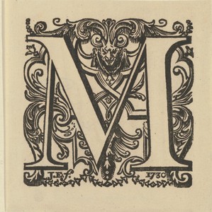 Letter M in een omlijsting met de kop van een monster